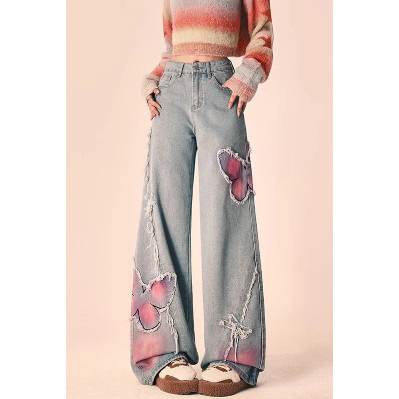 Blue Women Jeans High Street Vintage Straight Pants Streetwear Y2K Embroidery American Fashion Female Wide Leg Denim Trouser