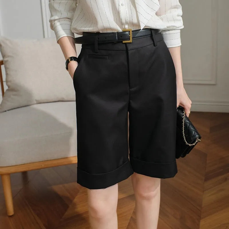 Women's Summer Shorts High Waist Knee Length Straight Pants with Belt Office Khaki White Black Casual Short Pants Women Fashion