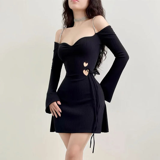 warmmeta-lack Autumn Sexy Women's Dress Lace-up Long Sleeves Backless Off Shoulder Casual Dress Party Elegant Hollow Out A-LINE Dresses