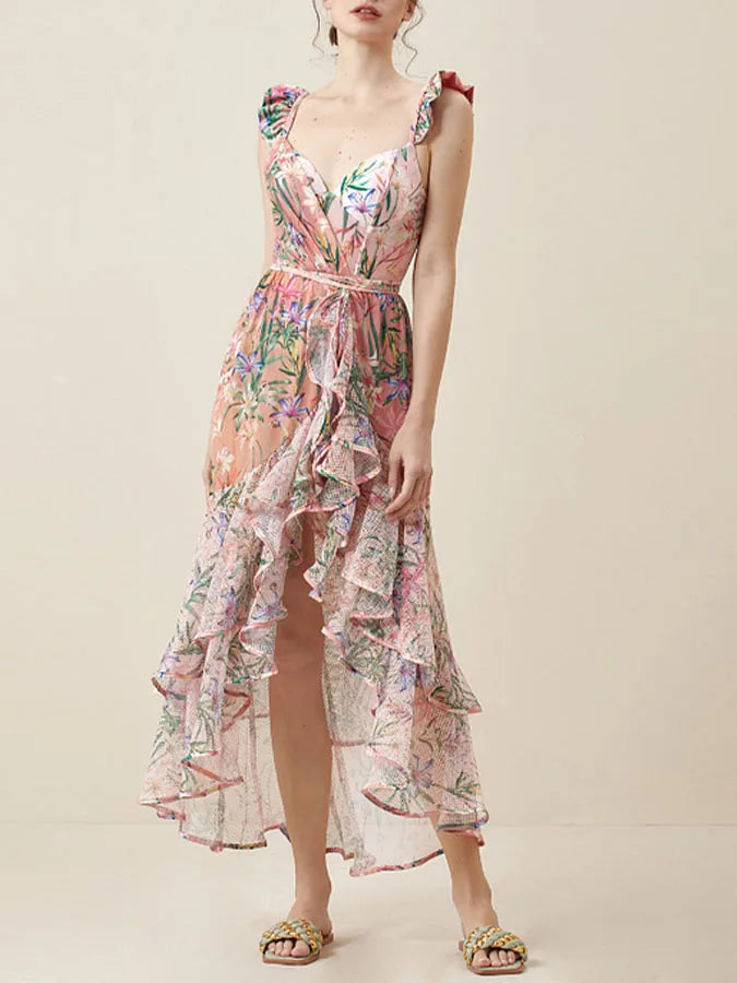 Printed High-waisted Deep V Beach Romantic Elegant Resort One-piece Swimsuit With Sleeves And Mesh Stitching Sarong