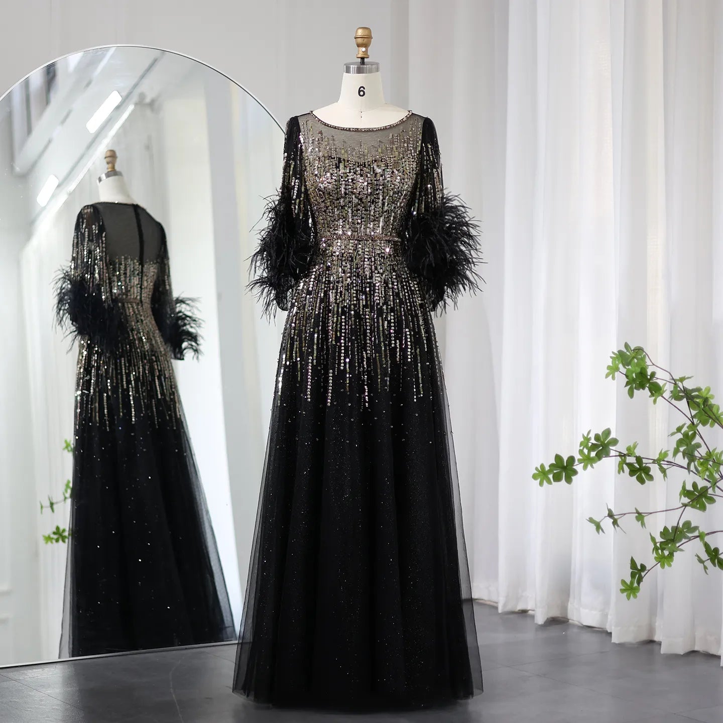 Gorgeous Prom Dress  Luxury Feathers Black Dubai Evening Dresses for Women Elegant Fuchsia Arabic Half Sleeve Wedding Party Dress SS339