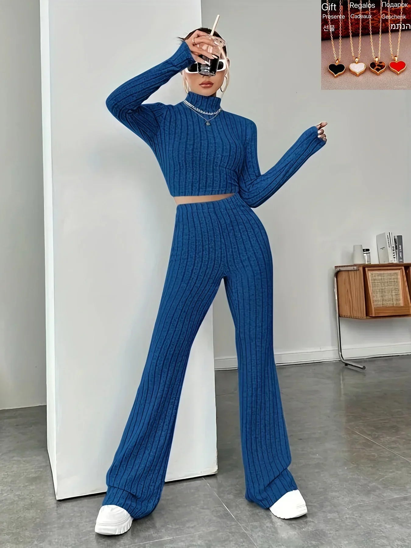 2024 Spring Knitted 2 Piece Sets Women Tracksuit Long Sleeve Vintage Sweater Crop Top Flare Pants Stretch Matching Suit Outfit