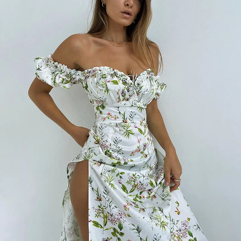 2024 Spring Summer New Women's Clothing Sexy Off Shoulder Puff Sleeve Waist Slit Floral Dress Fashion Long Dress