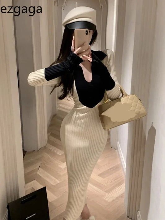 WARMMETA Knitted Dresses Women French Style V Neck Autumn Winter Basic Contrast Slim Stretch Elegant Dress Ladies Fashion