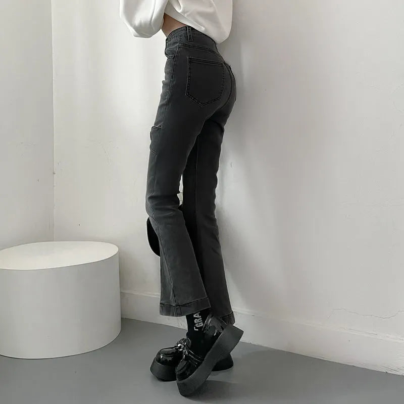 Jeans for Women Vintage Black Denim Flare Pants Streetwear High Waist Slim Mom Trouser Harajuku Y2K Pants