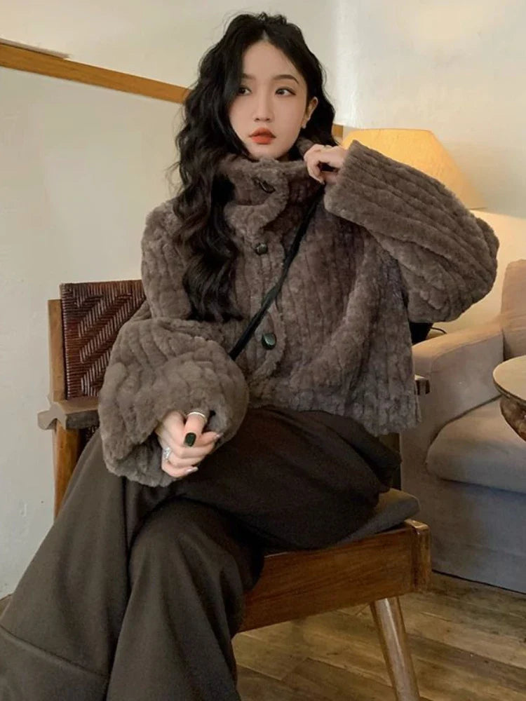 Deeptown Vintage Faux Fur Cropped Jackets Women Korean Style Fleece Fluffy Short Coats Elegant Thick Warm Outwear Autumn Winter