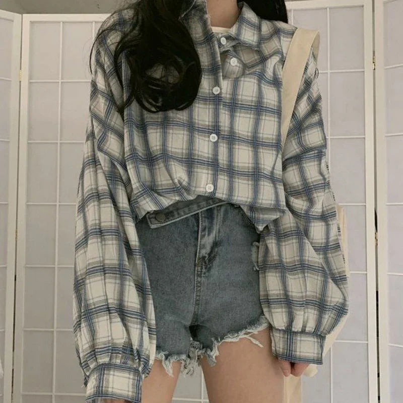 warmmeta-Rimocy Women's Plaid Oversize Shirt Spring Summer Lantern Sleeve Vintage Blouse Women Thin Button Up Loose Check Shirt Female