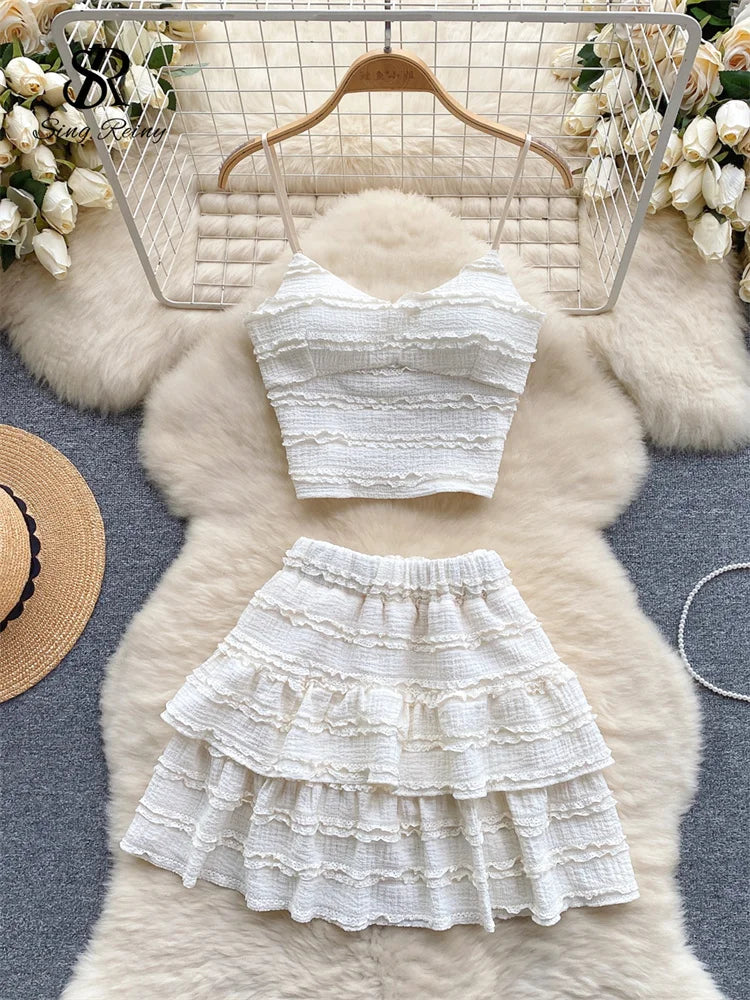 Sweet Ruched Two Pieces Sets V Neck Strap Crop Tops+Short Pleated Skirt Women Korean Style Chic Summer Beachwear Suits