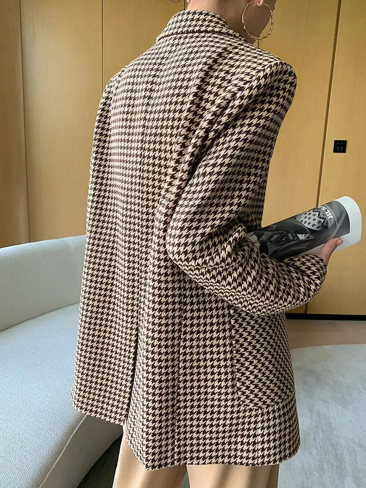 Autumn Women Vintage Houndstooth Woolen Blazer Jackets Fashion Elegant Casual Outerwear Coat With Belt Female Cardigan Clothes