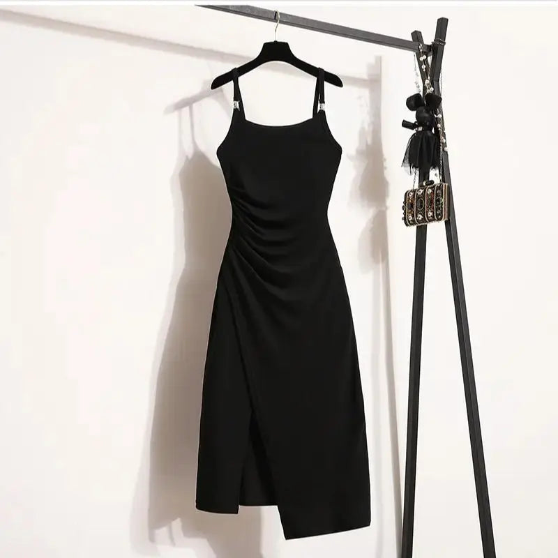 Plus Size Women Summer Knit Dress Sleeveless Camisole Sexy Long Split Dresses Female Sundress Korean Clothing Elegant Robe 2024