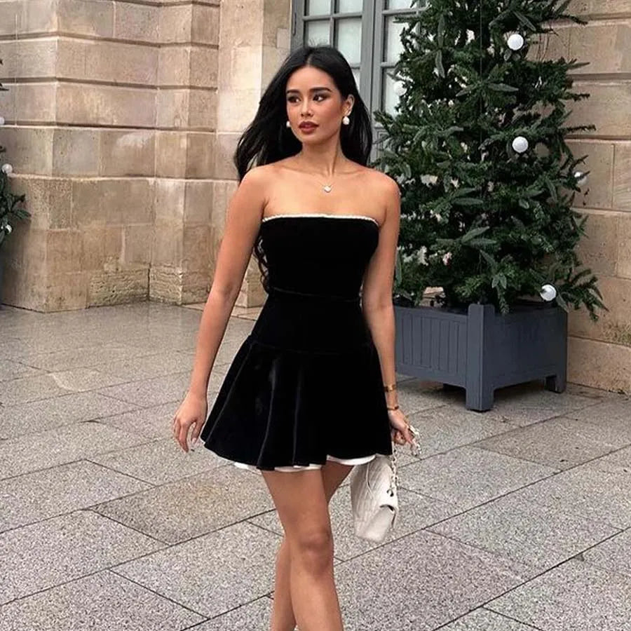 WARMMETA Black Strapless Christmas Dress Sexy A Line Vintage Velvet Party Mini Dresses Elegant Women Dresses