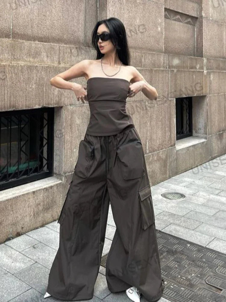 Y2K Vintage Brown Cargo Pants Women Techwear Kpop High Waist Wide Leg Trousers Baggy Parachute Pants Korean Streetwear