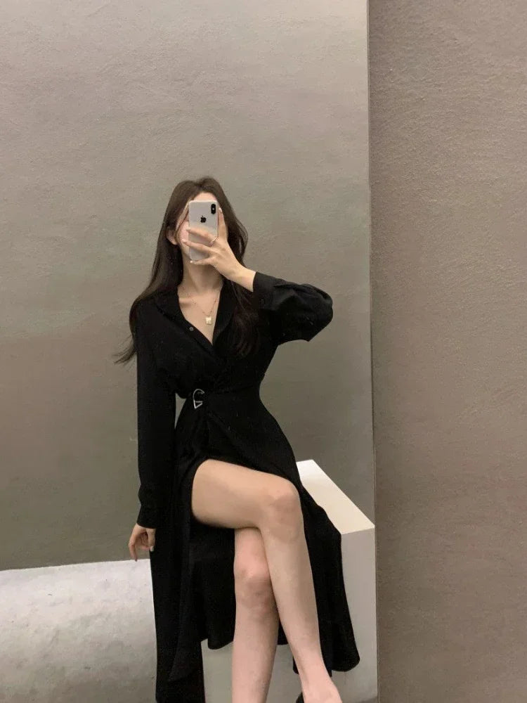 Korean Style Black Midi One Piece Dress Women Coquette Shirt Holiday Dresses Elegant Spilt Long Sleeve Winter Vestidos