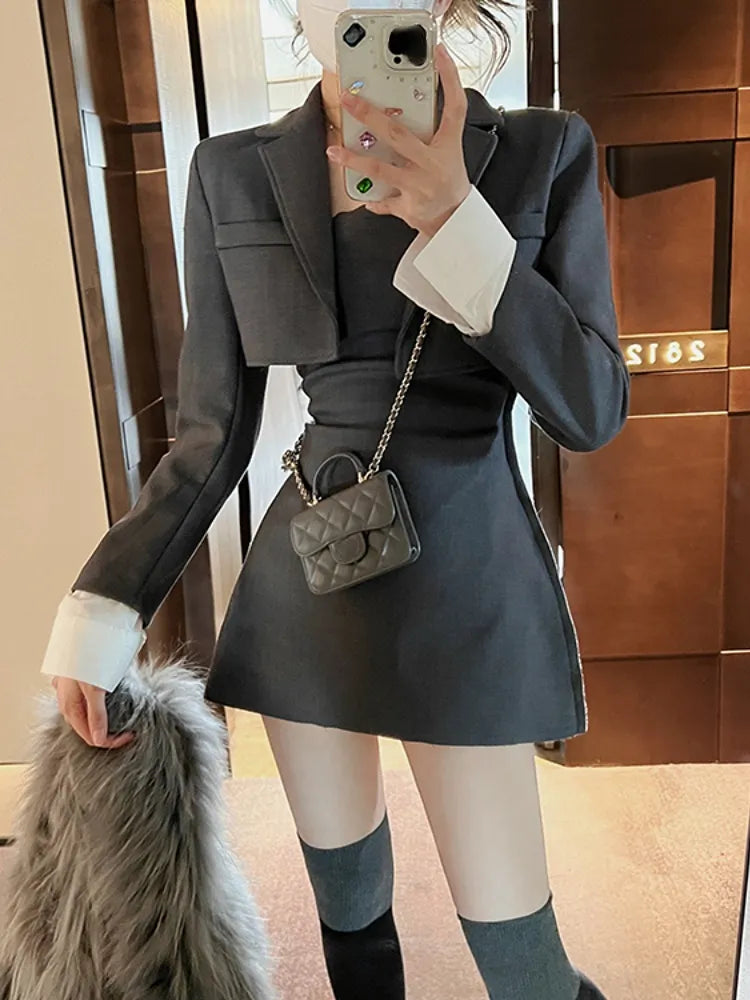 Winter Black Two Piece Dress Set Women Blazer Coat+Strap Dress Set Female Casual Korean Fashion Slim Elegant Dress Suit 2022 New