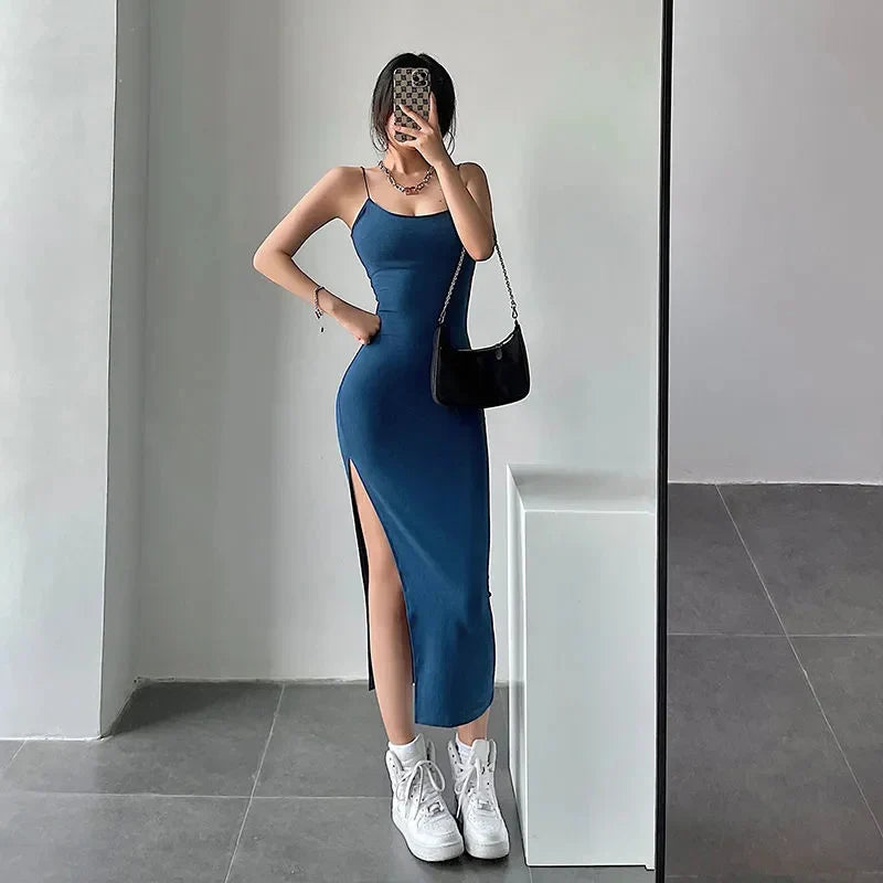 warmmeta-2024 New Sexy Sleeveless Slim Long Dress Women Party Club High Split Spaghetti Strap Dresses Woman Bodycon Dress Female