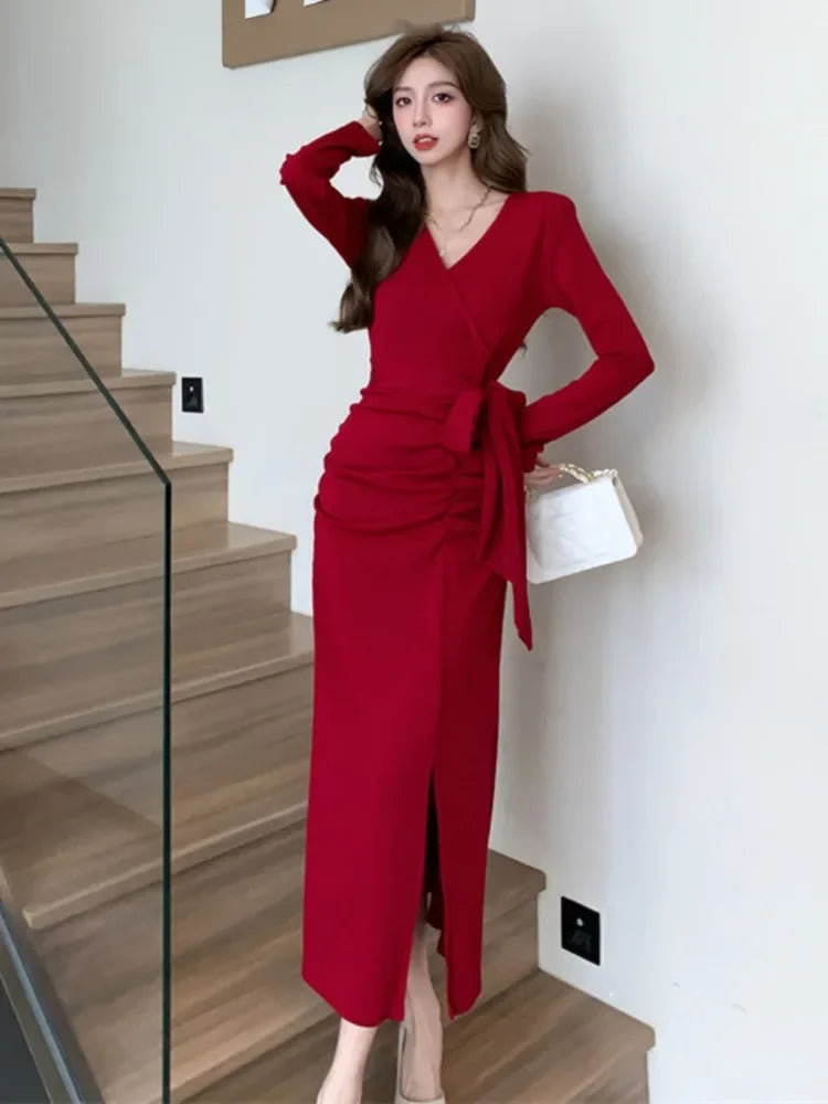 WARMMETA Sexy Dresses Women French Style Chic Bandage Elegant Slim Split V Neck Solid Vintage Dress Autumn Winter Ladies Basic