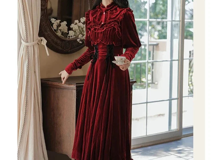 Ruby Victorian-Vintage-Academia Burgundy-Red Velvet Dress