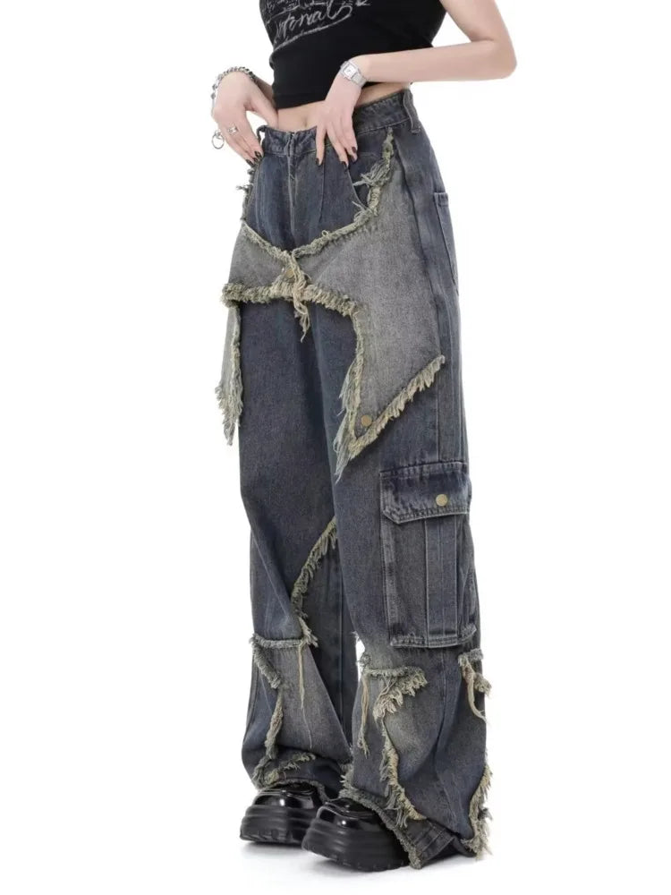 Super Beautiful Flower High Waist Summer Loose Wide Leg Vintage Style Unique Versatile Straight Leg Pants Women's Jeans