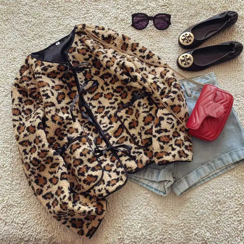 Leopard print jacket women long sleeve bow tied front fleece jacket female long sleeve wearm winter clothes women