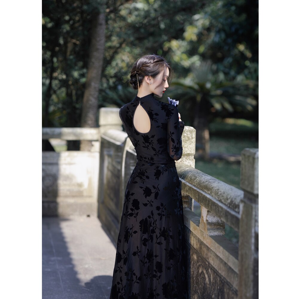 Lilith Black 90s Style Cheongsam 2-Piece Dress