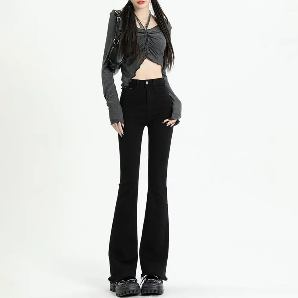 Gray Flared Jeans Women's Spring Autumn High-waisted Slim-fit Pants Retro Y2K Street Female Denim Trousers