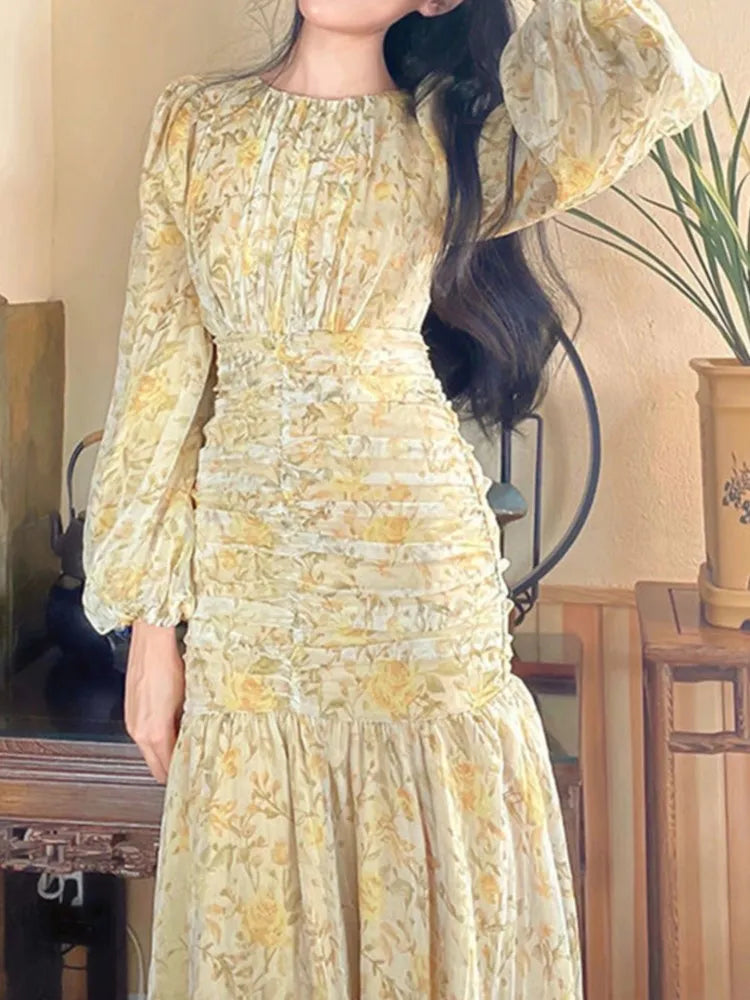 Floral Print Lace Midi Dresses for Women Clothing Elegant Long Sleeve Folds Party Prom Female Beach Bodycon Dress Summer 2023