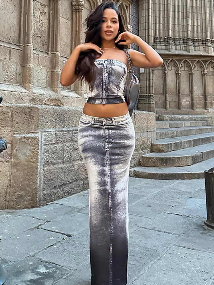 Fashion Sets Women Suits Sexy Club Outfit Elegant Y2K Tracksuits 2 Pieces (Strapless Tops+High Waist Long Skirts) Female