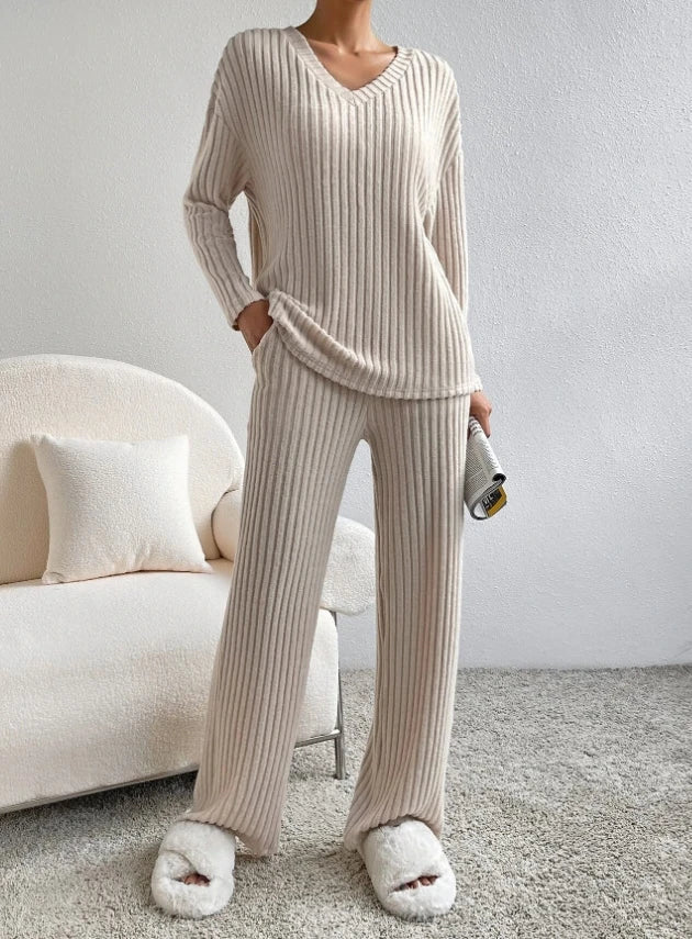 warmmeta Casual Sets for Women 2 Pieces Autumn New Loungewear Loose V-Neck Long Sleeve Top and Pit Strip Knitted Straight Pants Suit