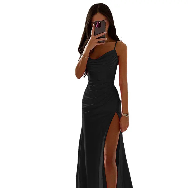 WARMMETA Satin Backless Side Split Maxi Dress Women 2024 Summer Sexy Slim Off Shoulder Ruched Bodycon Female Party Evening Dresses