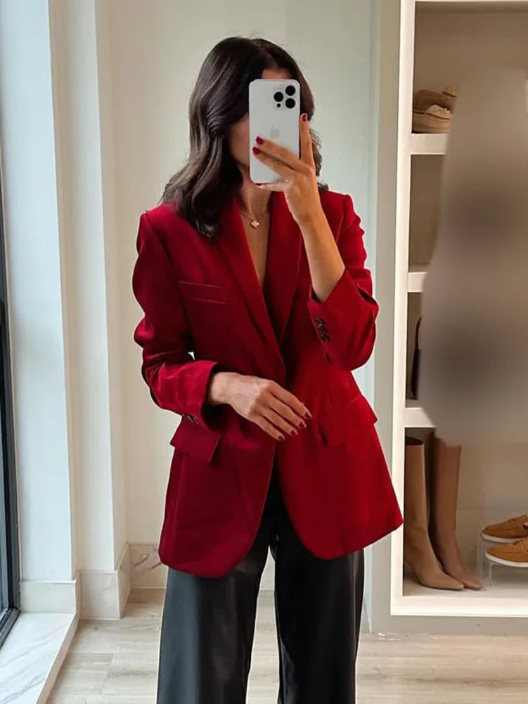 Spring Blazers Woman 2025 Trendy Red Turn Down Collar Long Sleeves Pockets Decorate Single Button Female Jacket Coats