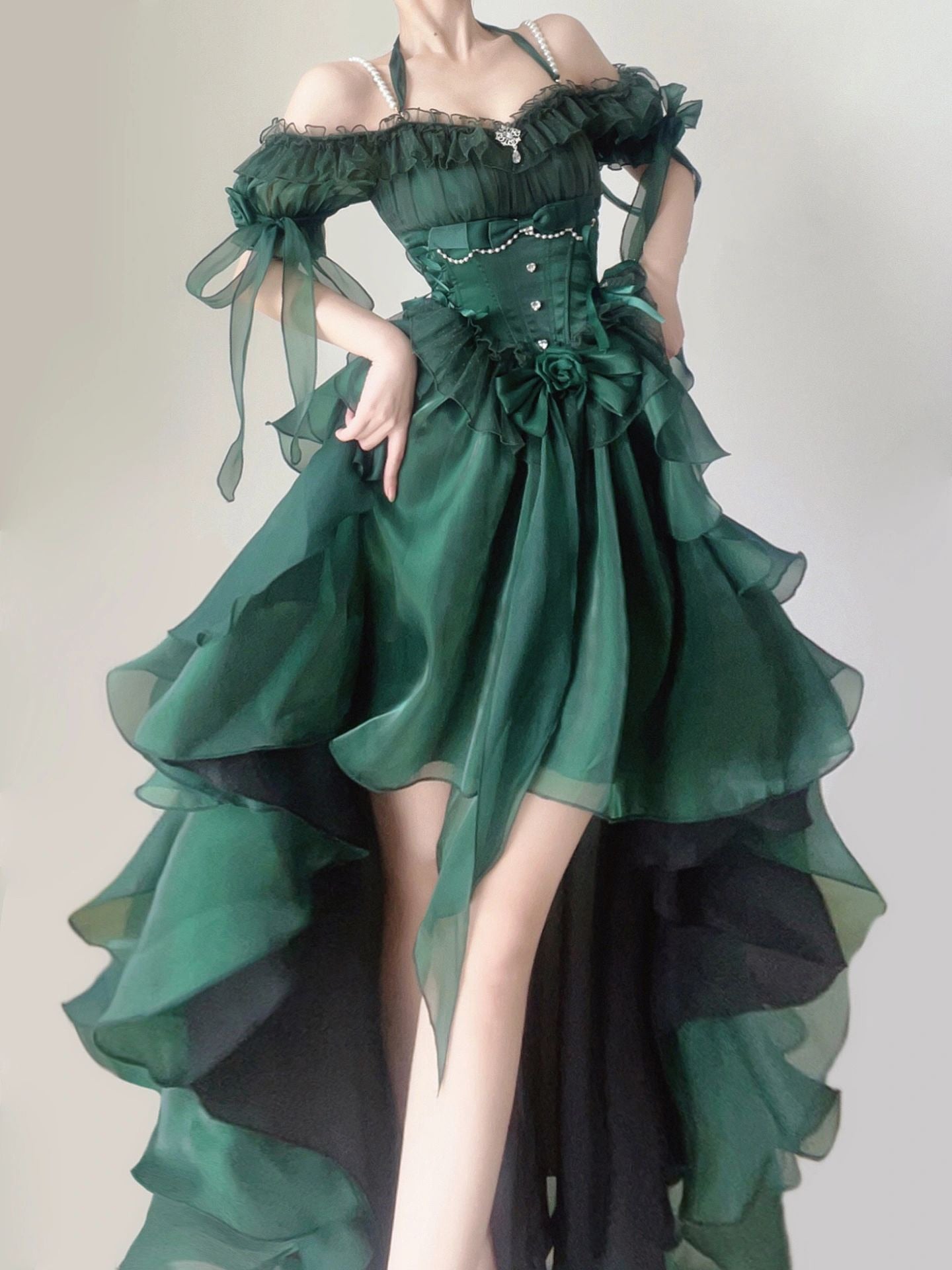 warmmeta Green Flower Wedding Dress Cos Lolita Dress Op Dress Lolita Heavy Industry Trail Puffy Princess Dress, Lolita Cosplay