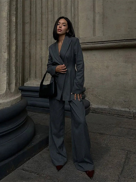 Autumn Chic Grey Striped One Button Lapel Suit Jacket Women Fashion Cropped Slim Commute Coat 2024 New Lady Office Streetwear