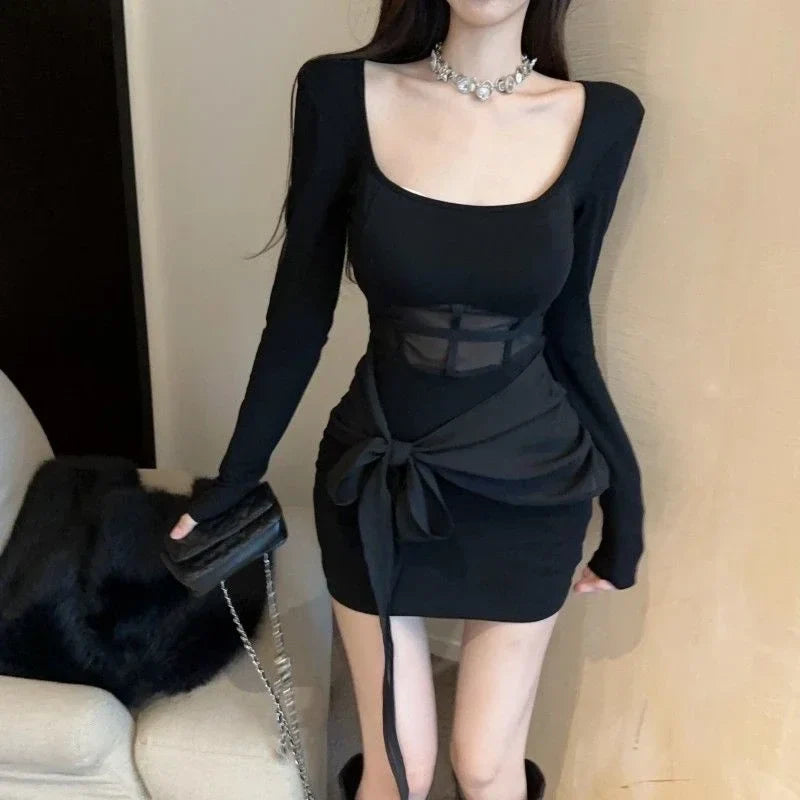 WARMMETA Woman Dress Sexy Mesh Patchwork Long Sleeve Square Collar Slim Stretch Black Elegant Dresses Party Female Stylish