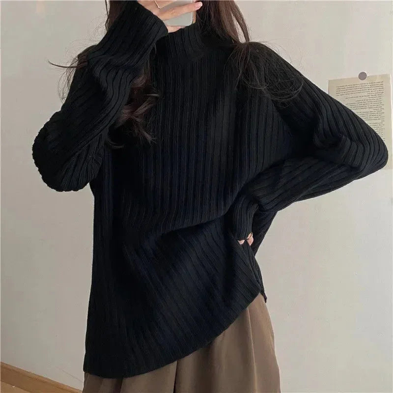 Turtleneck  Sweaters Fashion Loose Long Sleeve Women Pullover Casual Basic Solid Office Lady Knitwears Jumper