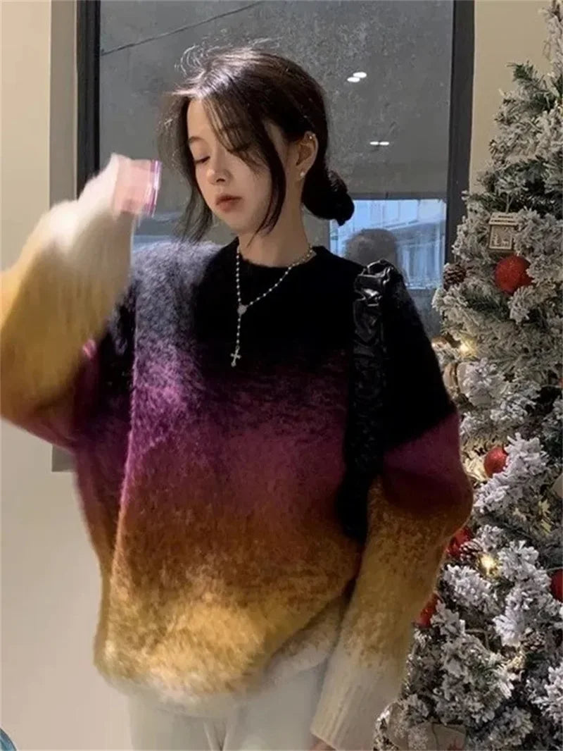 Japanese Lazy Style Design Color Gradient Mohair Sweater Women's 2024 Autumn/Winter New Thickened Mid Length Pullover Sweater