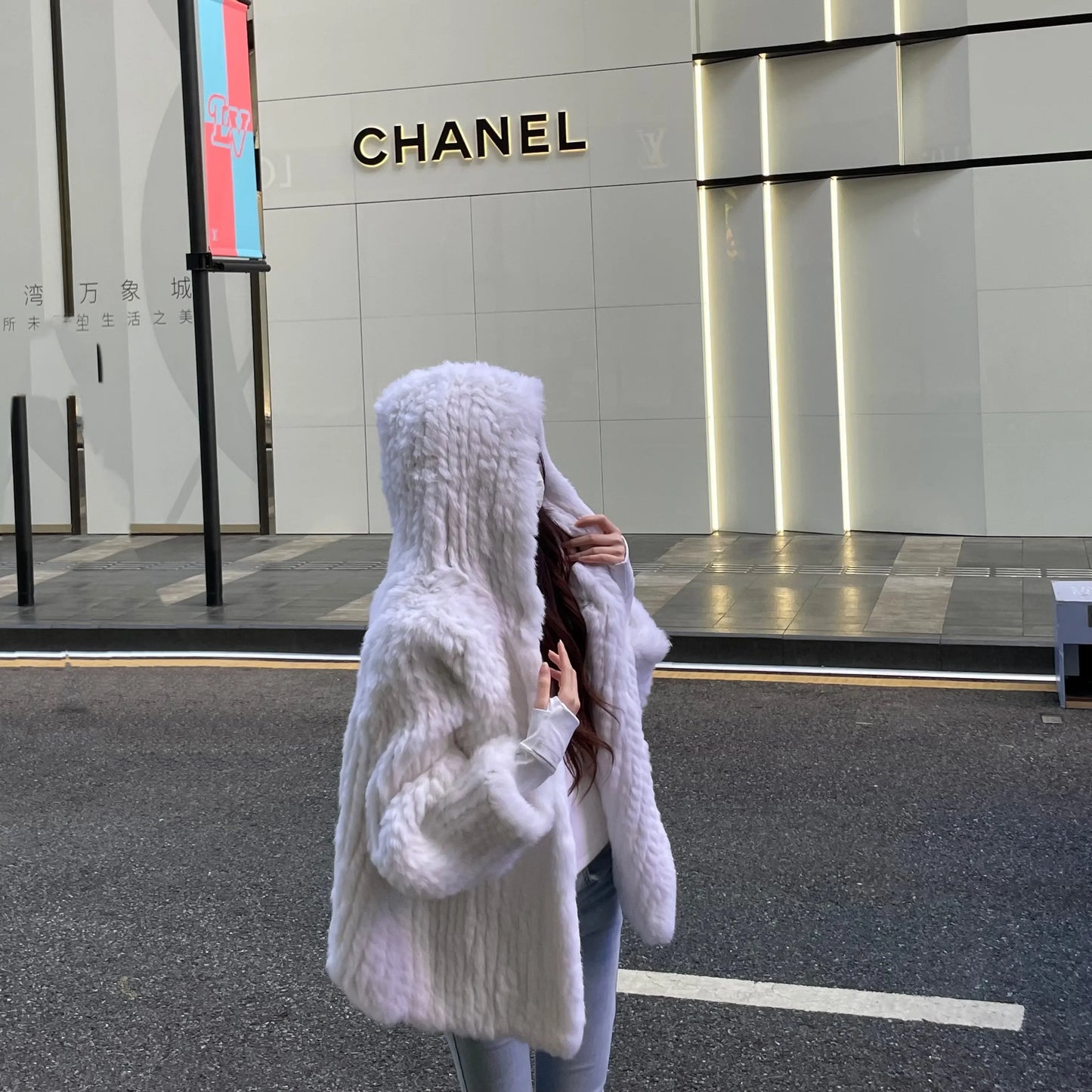 Autumn Winter Women Real Rabbit Fur Coat 100% Natural Fur Jacket Loose Manual Weave Quality Streetwear Hooded Flare Sleeves New