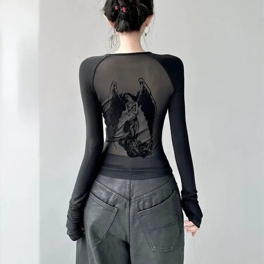 Black Retro Angel Print T-shirt for Women 2024 Autumn Fashion Slim Fit Tee Shirt Y2k E-Girl Long Sleeve Bottoming Tops Mujer