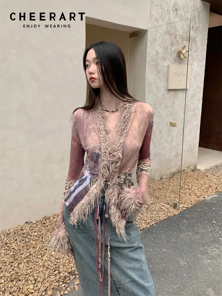 CHEERART See Through Fur Collar Cardigans Coats Jackets Spring Clothes Women 2023 Mesh Ethnic V Neck Designer Fashion Coat