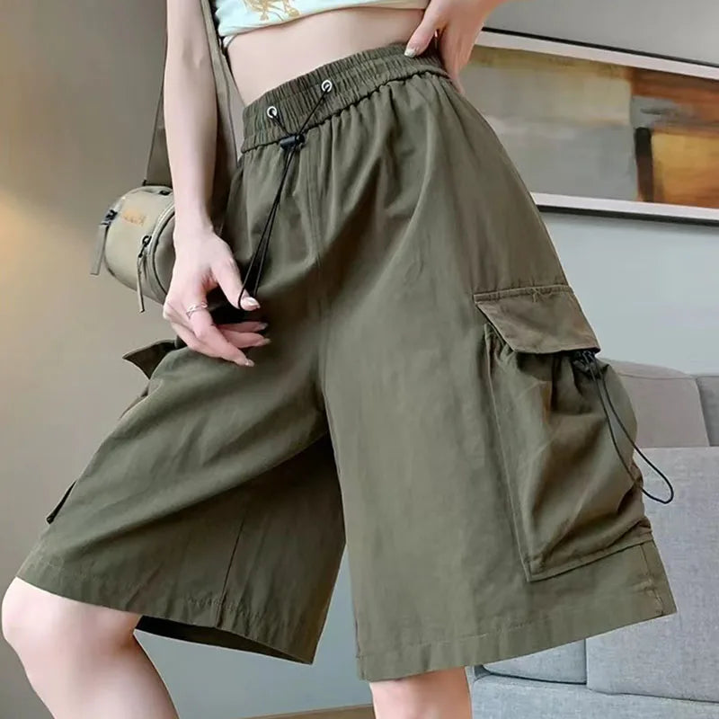 Summer Thin Cargo Shorts Women Y2K Loose Fashion Drawstring Pocket Shorts Bf Baggy Korean Streetwear Wide Leg Knee-Length Pants