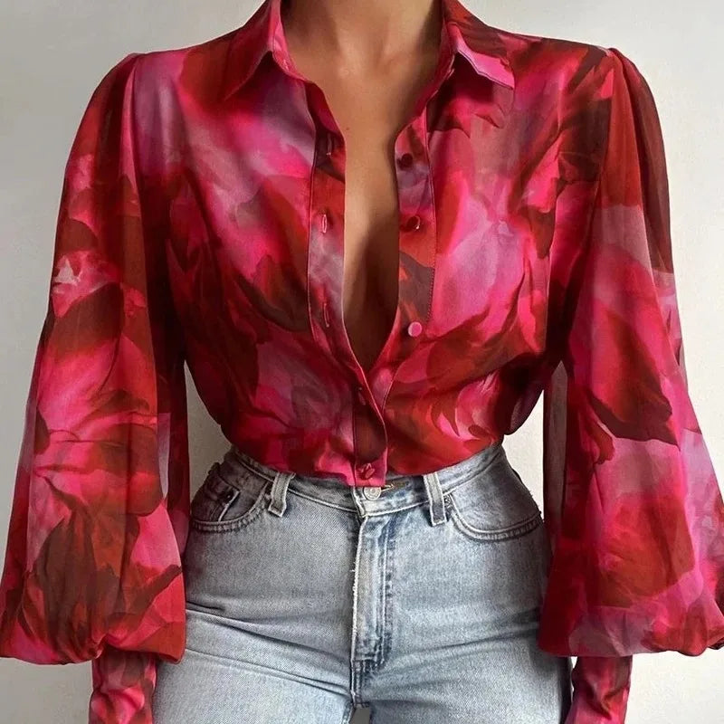 warmmeta Fashion Lapel Lantern Sleeve Blouses Spring Office Lady Vintage Floral Print Shirts Tops Button Up Long Sleeve Shirt