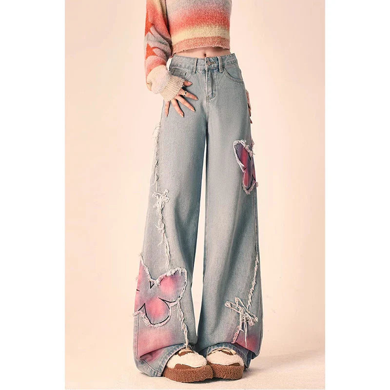 Blue Women Jeans High Street Vintage Straight Pants Streetwear Y2K Embroidery American Fashion Female Wide Leg Denim Trouser