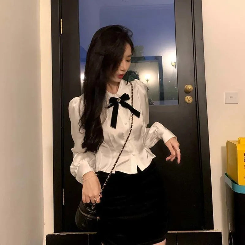 warmmeta White Shirts Woman Kawaii Lace Lolita Blouses Sweet Tunics Fairycore Peter Pan Coller Crop Long Sleeve Tops Preppy Korean