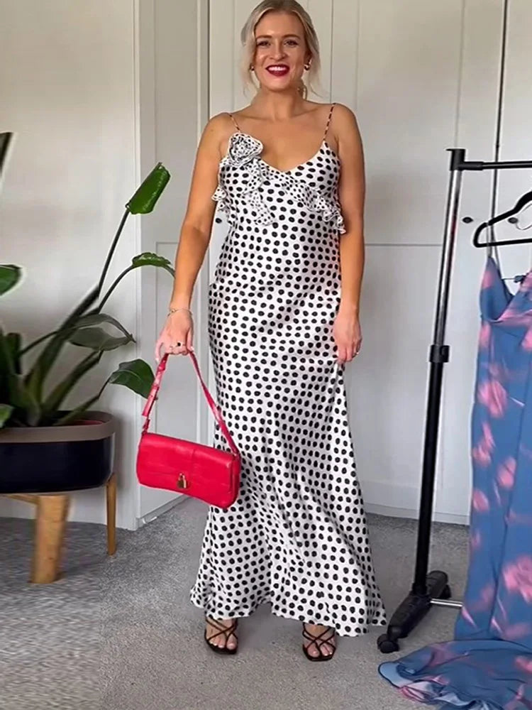 Vintage Polka Dot Printed Women's Maxi Dress Sexy Skinny V Neck Backless Suspender Vestidos 2024 Summer Lady Party Elegant Robe