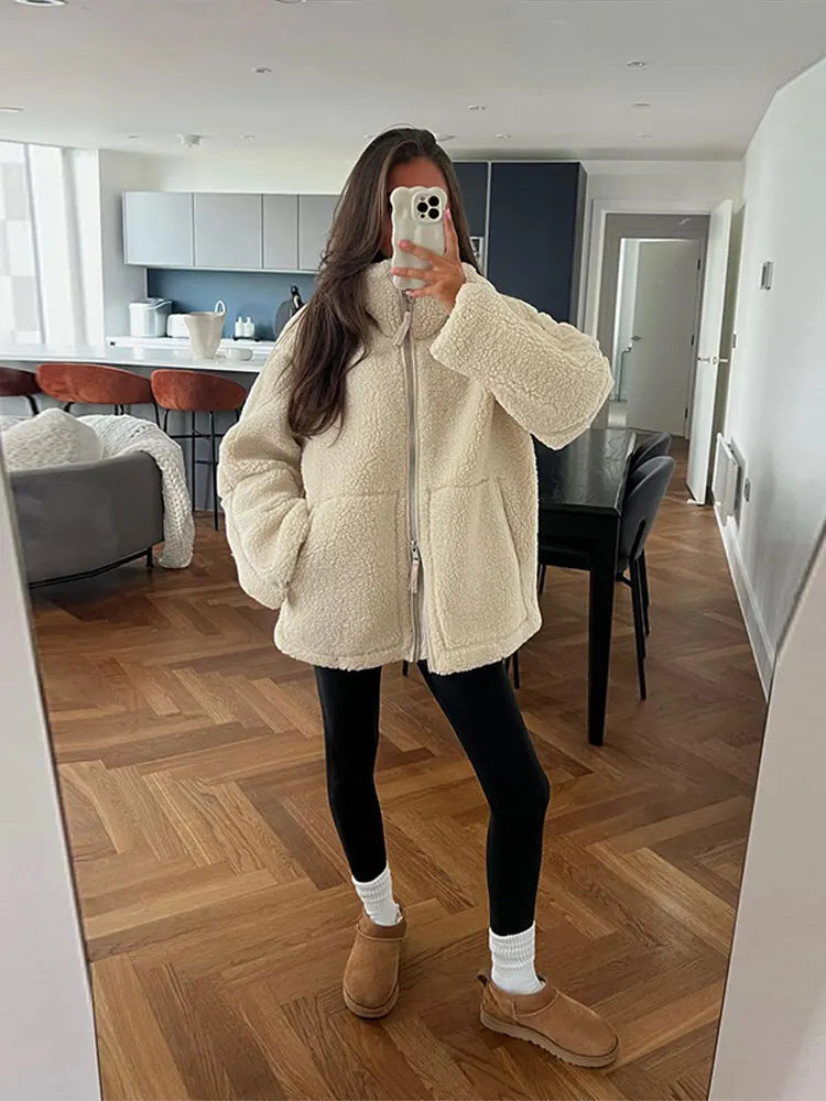 Loose Lamb Wool Coat For Women Fashion Long Sleeves Zipper Pocket Warm Jackets 2023 Winter Female Casual High Street Outwear