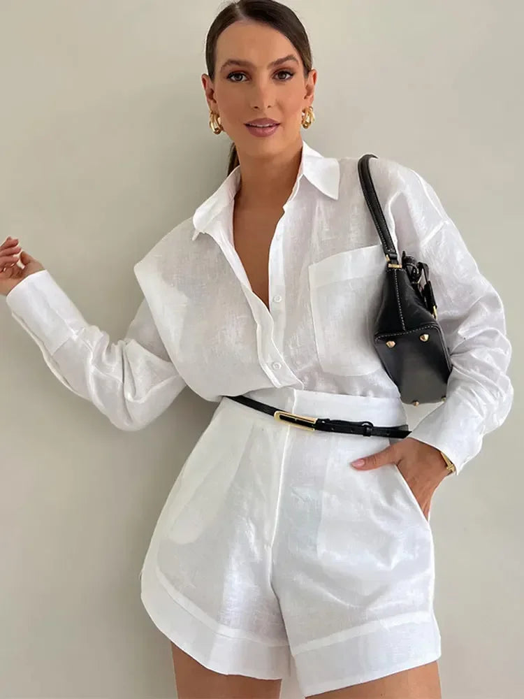 Women Elegant Pockets Solid Short Pants Set Fashion Lapel Collar Long Sleeve Shirts Button Shorts Suit Office Lady Commuter