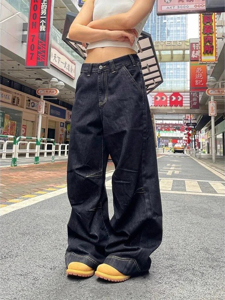 Grunge Y2k Black Jeans Women Vintage Oversized High Street Cargo Denim Trousers Wide Casual Baggy Straight Denim Pants