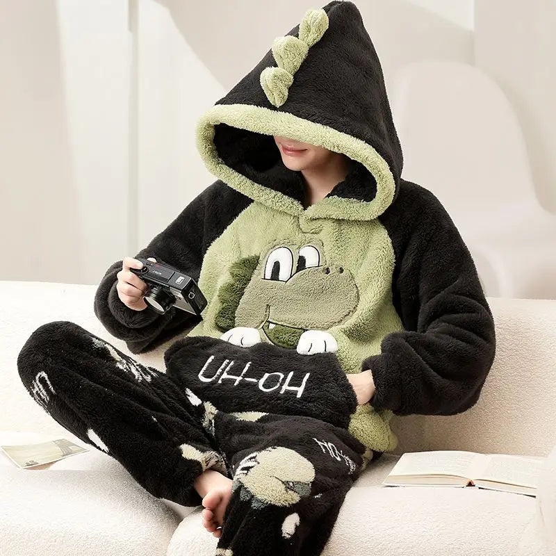 Autumn Winter Homewear Coral Fleece Men Pajamas Thick Fur Flannel Cartoon Male Loungewear Sets Plus-size Loungewear Suit Pyjamas