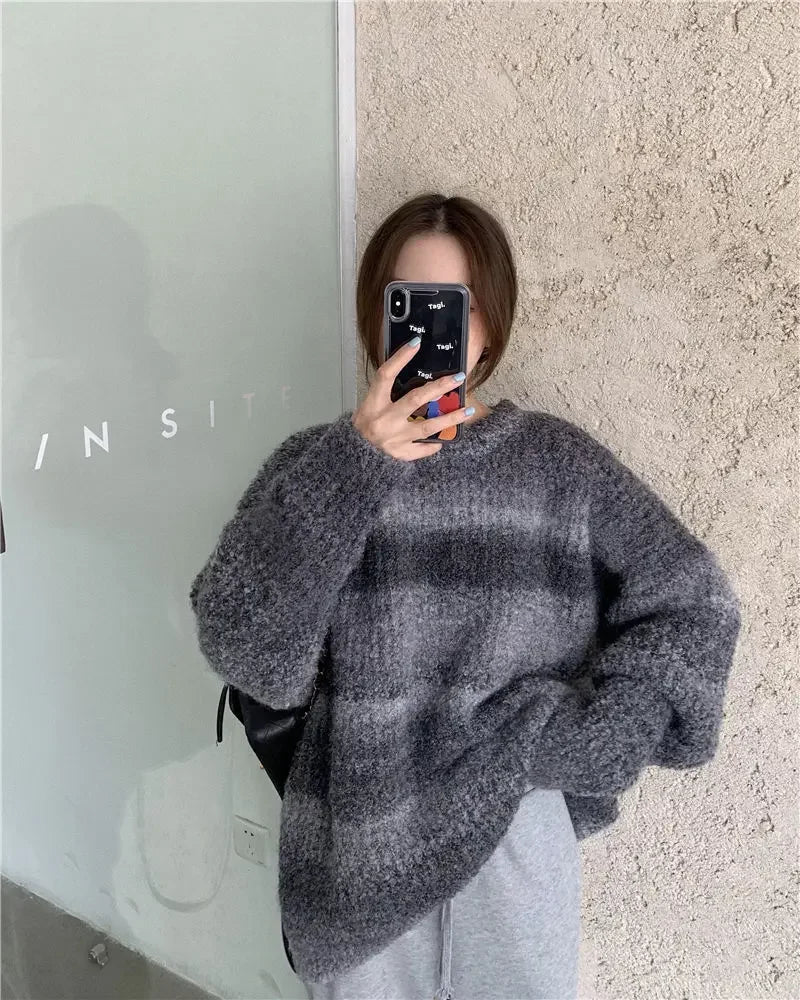 Retro Japanese thick sweater loose lazy female outer wear tie-dye gradient color winter new women knitted sweater sweater