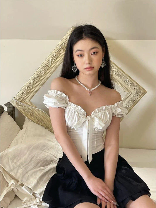 warmmeta-Kawaii White Blouse Women Sweet Ruffles Puff Sleeve Crop Tops Summer Short Sleeve Casual High Street Korean Fashion