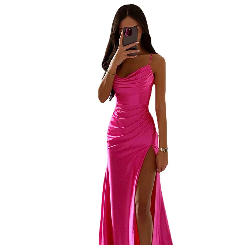 WARMMETA Satin Backless Side Split Maxi Dress Women 2024 Summer Sexy Slim Off Shoulder Ruched Bodycon Female Party Evening Dresses